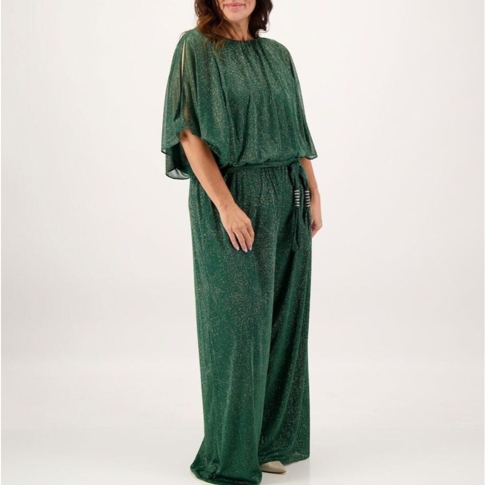 NWT MSK Green Glitter-Chiffon Blouson Belted Wide-Leg Jumpsuit Womens Size Small